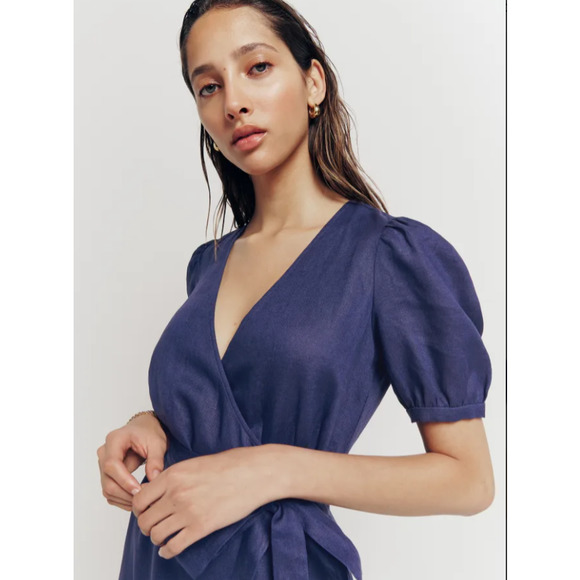 NWT Reformation Weiss Linen Wrap Midi Dress Danube Blue Women's Size XL - Picture 3 of 11